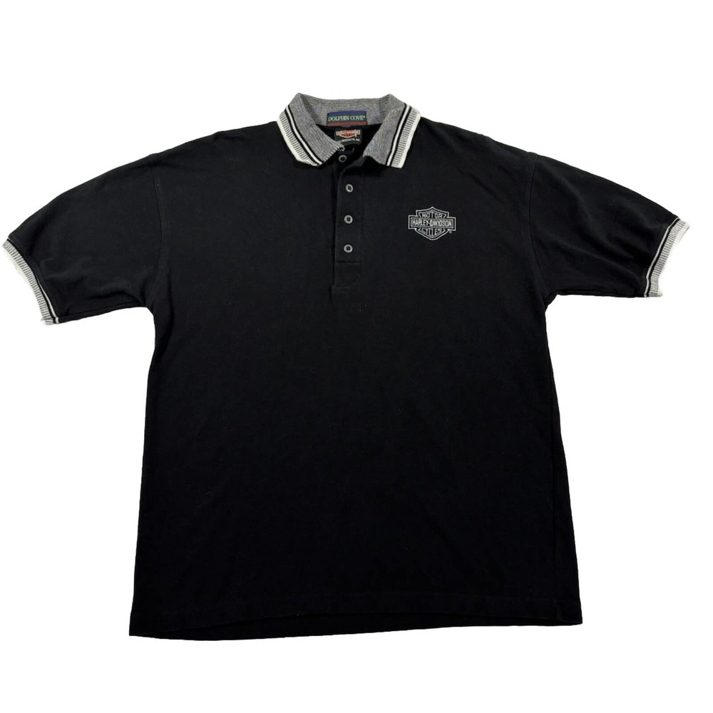 Harley Davidson Short Sleeve Polo Button Shirt Embroidered Mens L Black